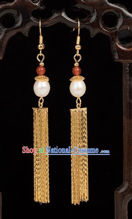 Chinese Handmade Earrings Classical Jewelry Accessories Hanfu Ming Dynasty Princess Golden Long Tassel Eardrop