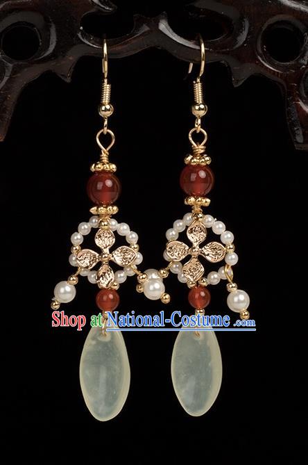 Chinese Handmade Jade Earrings Classical Jewelry Accessories Hanfu Ming Dynasty Princess Red Agate Beads Eardrop