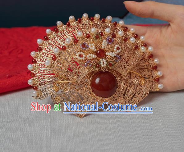 Chinese Classical Pearls Golden Hair Crown Handmade Hanfu Hair Accessories Ancient Tang Dynasty Palace Princess Agate Hairpins Phoenix Coronet