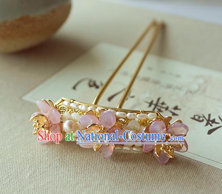 Chinese Classical Pearls Hair Stick Handmade Hanfu Hair Accessories Ancient Ming Dynasty Empress Pink Flowers Hairpins