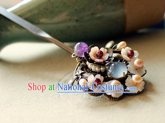 Chinese Classical Pearls Black Hair Stick Handmade Hanfu Hair Accessories Ancient Ming Dynasty Queen Blue Chalcedony Hairpins