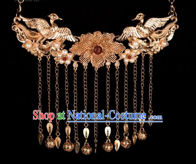 Chinese Handmade Golden Bells Tassel Necklet Classical Jewelry Accessories Ancient Ming Dynasty Princess Hanfu Pearls Phoenix Necklace for Women