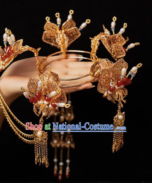 Chinese Classical Golden Tassel Hair Crown Handmade Hanfu Hair Accessories Ancient Tang Dynasty Empress Hairpins Agate Phoenix Coronet