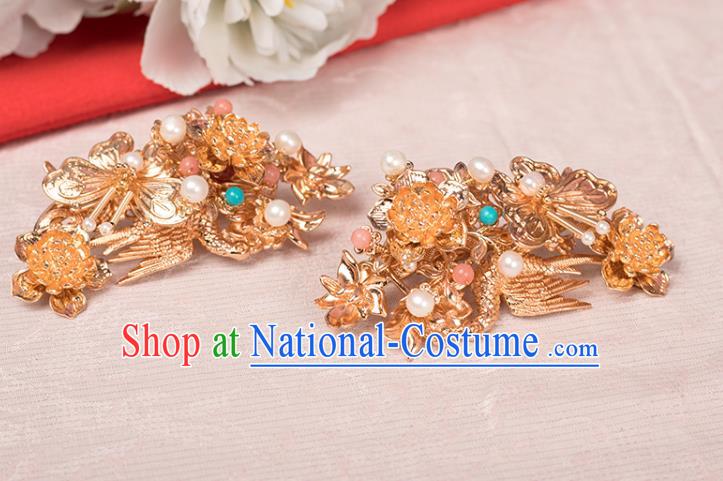 Chinese Classical Golden Phoenix Hair Sticks Handmade Hanfu Hair Accessories Ancient Ming Dynasty Empress Hairpins