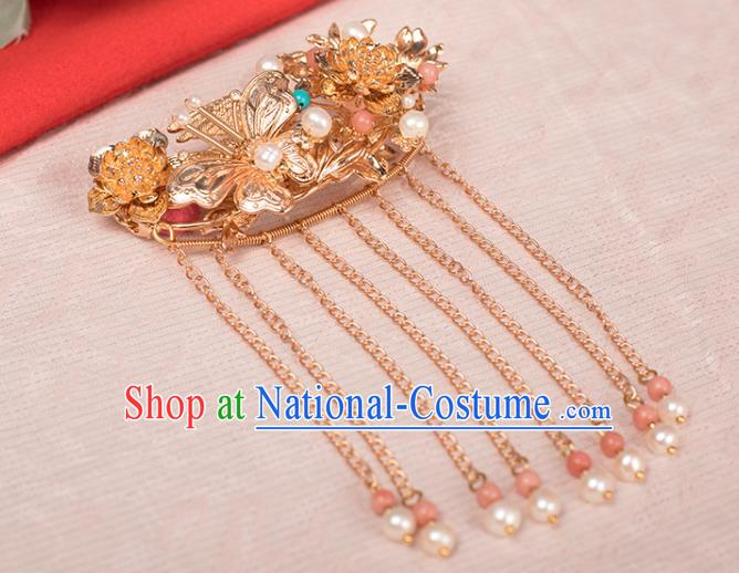 Chinese Classical Golden Butterfly Hair Stick Handmade Hanfu Hair Accessories Ancient Ming Dynasty Empress Tassel Hairpins