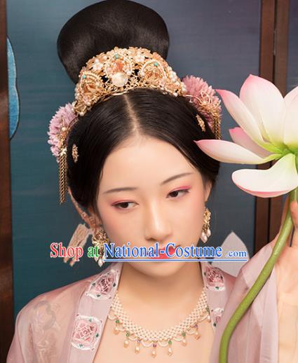 Chinese Classical Golden Lotus Hair Crown Handmade Hanfu Hair Accessories Ancient Song Dynasty Empress Hairpins Pearls Hair Comb