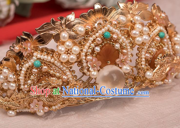 Chinese Classical Golden Lotus Hair Crown Handmade Hanfu Hair Accessories Ancient Song Dynasty Empress Hairpins Pearls Hair Comb