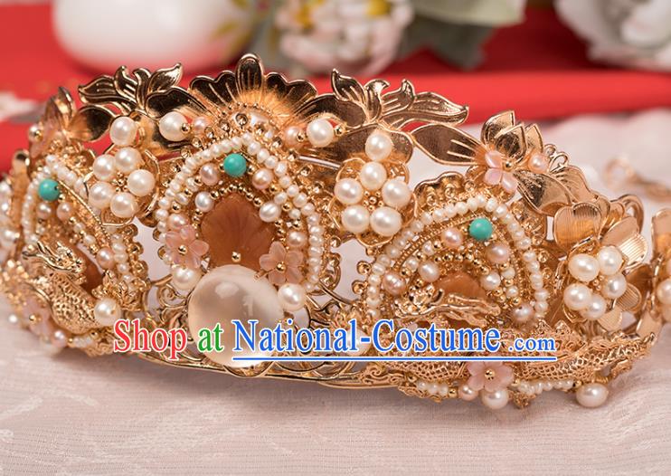 Chinese Classical Golden Lotus Hair Crown Handmade Hanfu Hair Accessories Ancient Song Dynasty Empress Hairpins Pearls Hair Comb