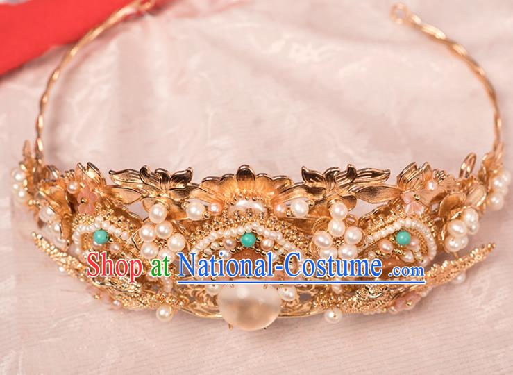 Chinese Classical Golden Lotus Hair Crown Handmade Hanfu Hair Accessories Ancient Song Dynasty Empress Hairpins Pearls Hair Comb