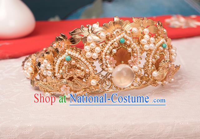 Chinese Classical Golden Lotus Hair Crown Handmade Hanfu Hair Accessories Ancient Song Dynasty Empress Hairpins Pearls Hair Comb