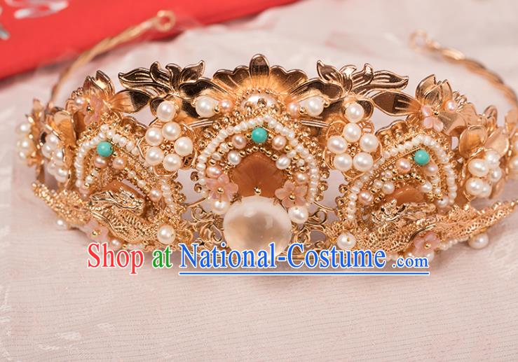 Chinese Classical Golden Lotus Hair Crown Handmade Hanfu Hair Accessories Ancient Song Dynasty Empress Hairpins Pearls Hair Comb