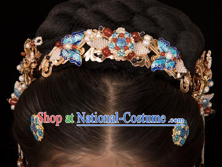 Chinese Classical Agate Pearls Hair Crown Handmade Hanfu Hair Accessories Ancient Ming Dynasty Princess Hairpins Blueing Butterfly Hair Comb