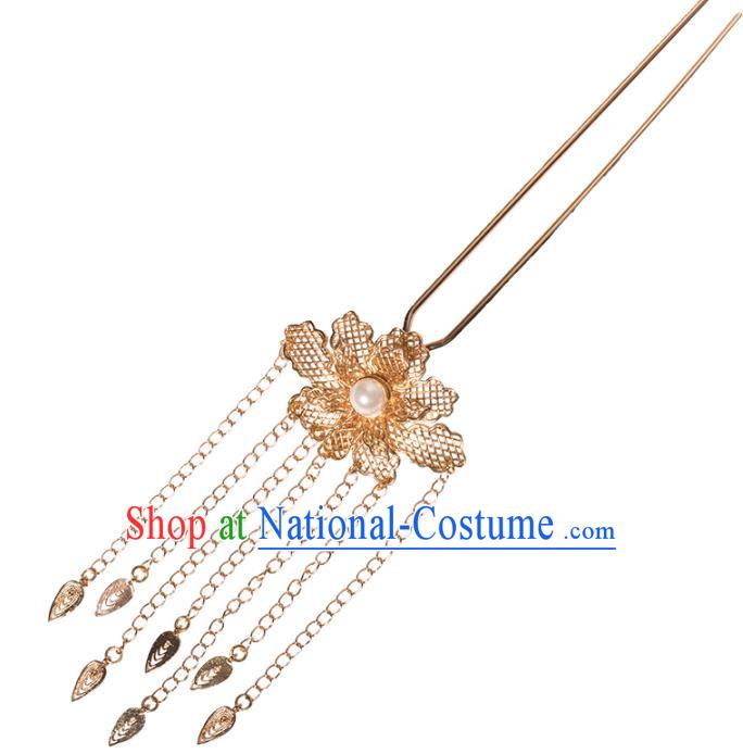 Chinese Classical Golden Peony Tassel Hair Stick Handmade Hanfu Hair Accessories Ancient Ming Dynasty Princess Hairpins