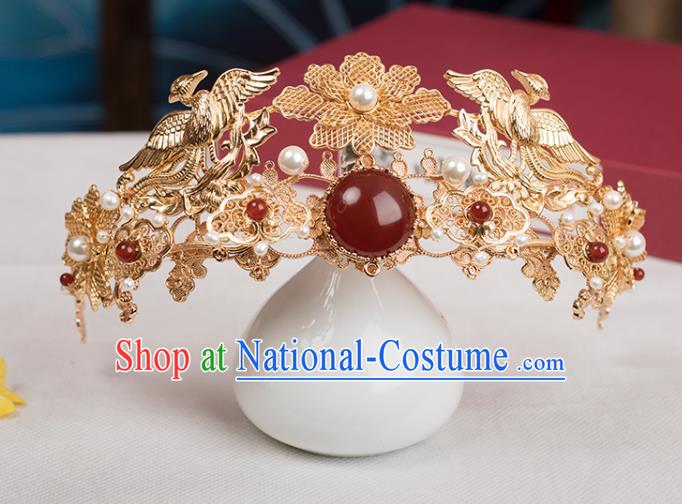 Chinese Classical Agate Golden Hair Crown Handmade Hanfu Hair Accessories Ancient Ming Dynasty Princess Hairpins