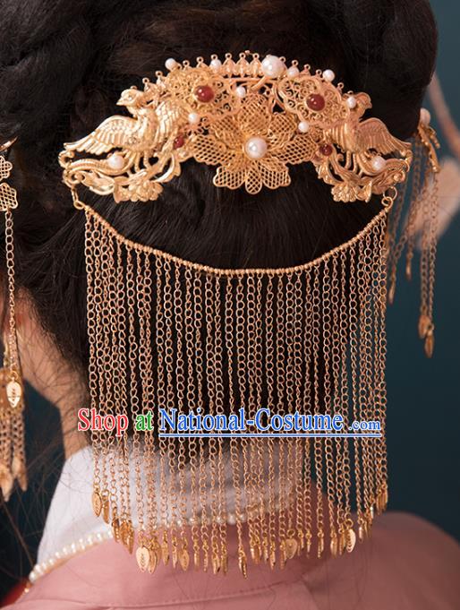 Chinese Classical Golden Hair Stick Handmade Hanfu Hair Accessories Ancient Ming Dynasty Princess Back Tassel Hairpins