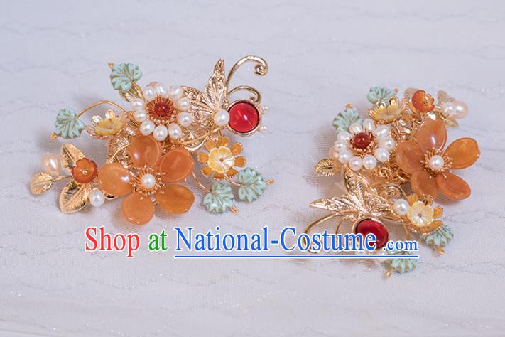 Chinese Classical Pearls Hair Sticks Handmade Hanfu Hair Accessories Ancient Ming Dynasty Princess Golden Butterfly Hairpins