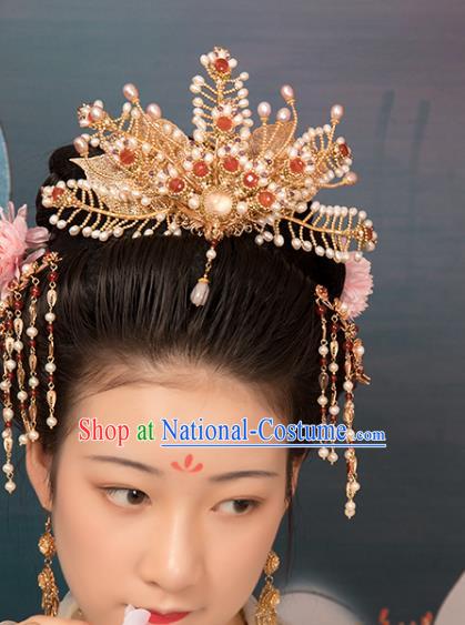 Chinese Classical Golden Phoenix Coronet Handmade Hanfu Hair Accessories Ancient Ming Dynasty Princess Hairpins Pearls Hair Crown