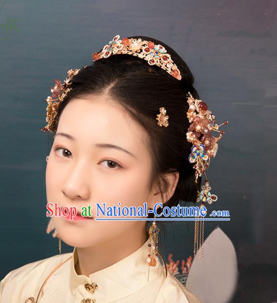 Chinese Classical Blueing Pearls Hair Comb Handmade Hanfu Hair Accessories Ancient Ming Dynasty Princess Hairpins Agate Hair Crown