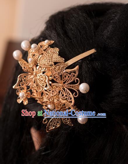 Chinese Classical Pearls Hair Stick Handmade Hanfu Hair Accessories Ancient Ming Dynasty Queen Golden Phoenix Hairpins