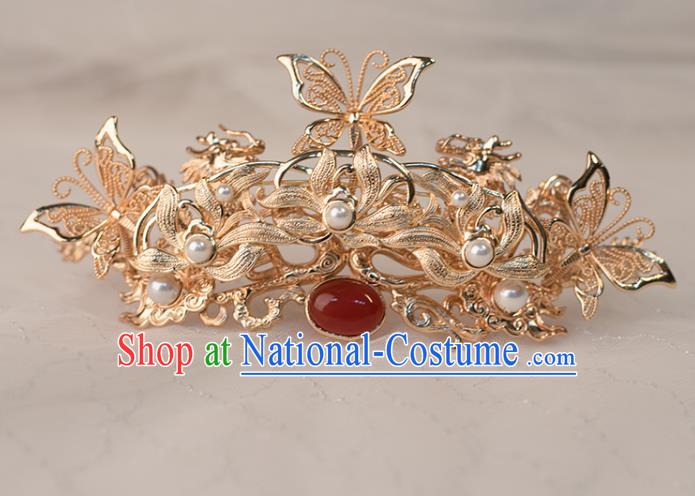 Chinese Classical Golden Lotus Hair Comb Handmade Hanfu Hair Accessories Ancient Ming Dynasty Queen Hairpins Agate Hair Crown