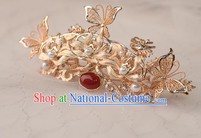 Chinese Classical Golden Lotus Hair Comb Handmade Hanfu Hair Accessories Ancient Ming Dynasty Queen Hairpins Agate Hair Crown