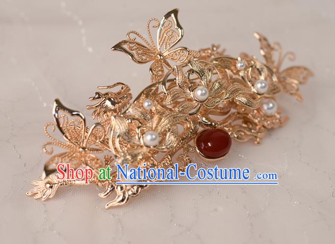 Chinese Classical Golden Lotus Hair Comb Handmade Hanfu Hair Accessories Ancient Ming Dynasty Queen Hairpins Agate Hair Crown