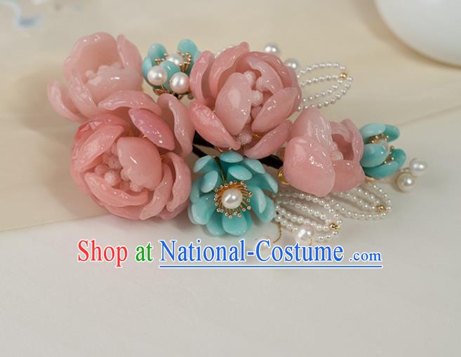 Chinese Classical Pink Flowers Hair Stick Handmade Hanfu Hair Accessories Ancient Ming Dynasty Hairpins