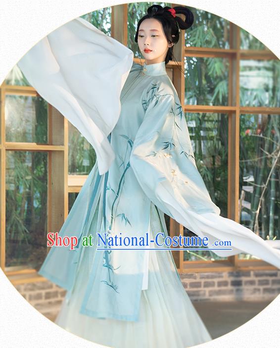 Chinese Ancient Princess Hanfu Dress Traditional Embroidered Blue Long Gown and Skirt Ming Dynasty Noble Lady Historical Costumes Complete Set