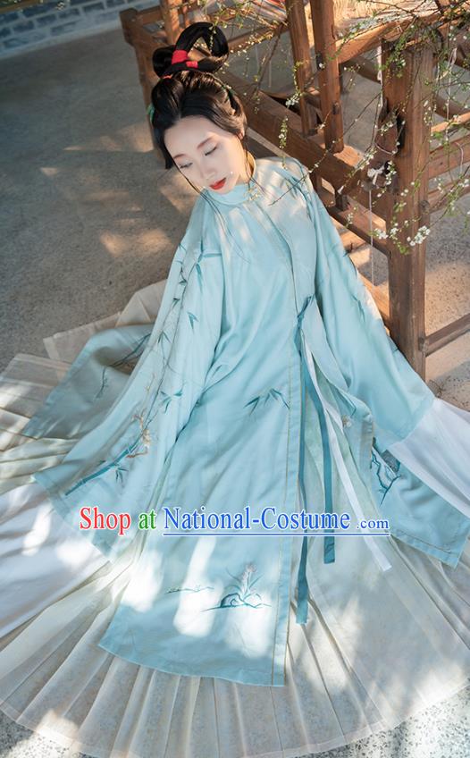 Chinese Ancient Princess Hanfu Dress Traditional Embroidered Blue Long Gown and Skirt Ming Dynasty Noble Lady Historical Costumes Complete Set