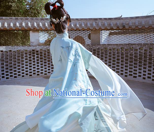 Chinese Ancient Princess Hanfu Dress Traditional Embroidered Blue Long Gown and Skirt Ming Dynasty Noble Lady Historical Costumes Complete Set