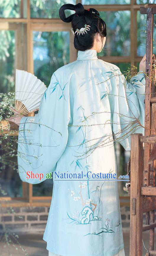 Chinese Ancient Princess Hanfu Dress Traditional Embroidered Blue Long Gown and Skirt Ming Dynasty Noble Lady Historical Costumes Complete Set