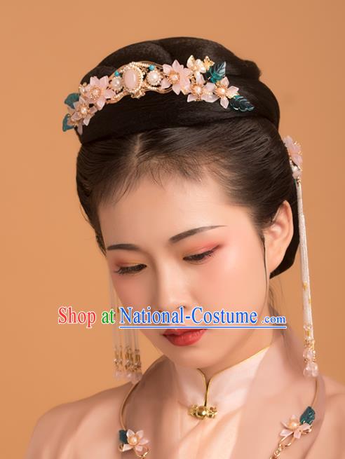 Chinese Classical Palace Pink Lotus Pearls Hair Crown Handmade Hanfu Hair Accessories Ancient Ming Dynasty Empress Hairpins