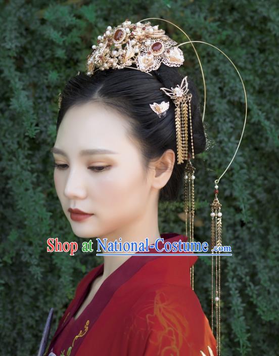 Chinese Classical Palace Agate Phoenix Coronet Handmade Hanfu Hair Accessories Ancient Ming Dynasty Empress Hairpins Golden Tassel Hair Crown