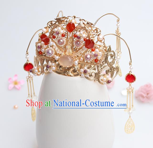 Chinese Classical Palace Pink Chalcedony Hair Crown Handmade Hanfu Hair Accessories Ancient Ming Dynasty Empress Red Crystal Pearls Hairpins