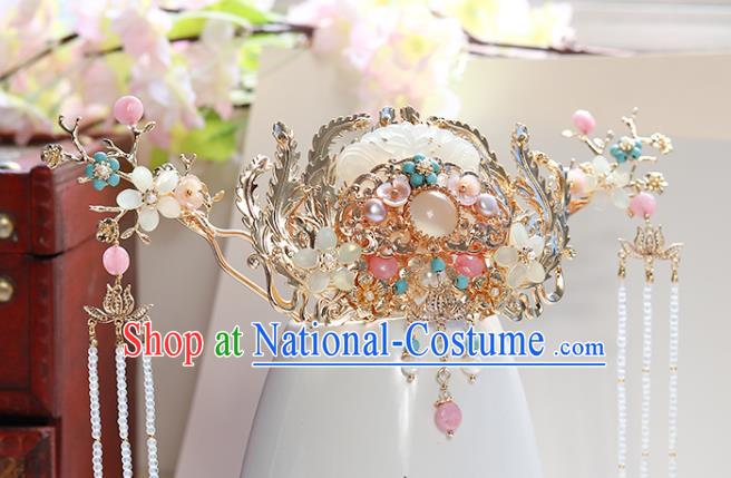 Chinese Classical Palace Jade Hair Crown Handmade Hanfu Hair Accessories Ancient Ming Dynasty Empress Pearls Chalcedony Hairpins