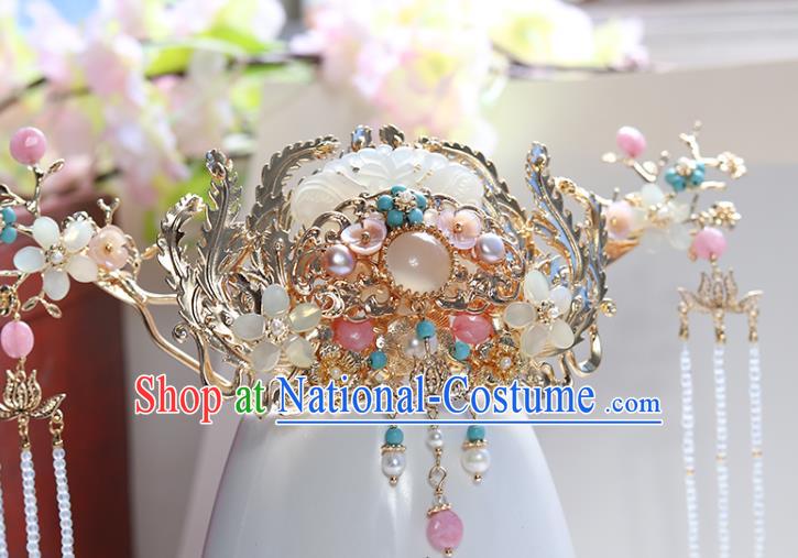 Chinese Classical Palace Jade Hair Crown Handmade Hanfu Hair Accessories Ancient Ming Dynasty Empress Pearls Chalcedony Hairpins