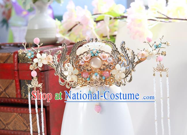 Chinese Classical Palace Jade Hair Crown Handmade Hanfu Hair Accessories Ancient Ming Dynasty Empress Pearls Chalcedony Hairpins