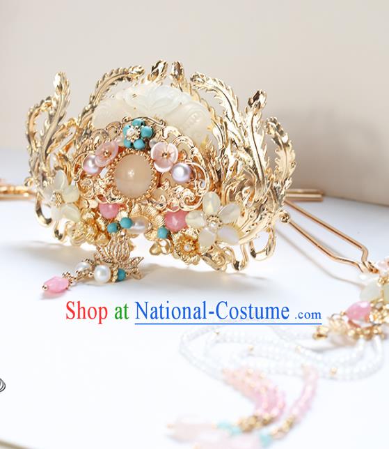 Chinese Classical Palace Jade Hair Crown Handmade Hanfu Hair Accessories Ancient Ming Dynasty Empress Pearls Chalcedony Hairpins