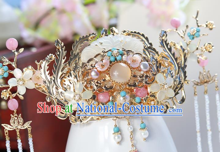 Chinese Classical Palace Jade Hair Crown Handmade Hanfu Hair Accessories Ancient Ming Dynasty Empress Pearls Chalcedony Hairpins