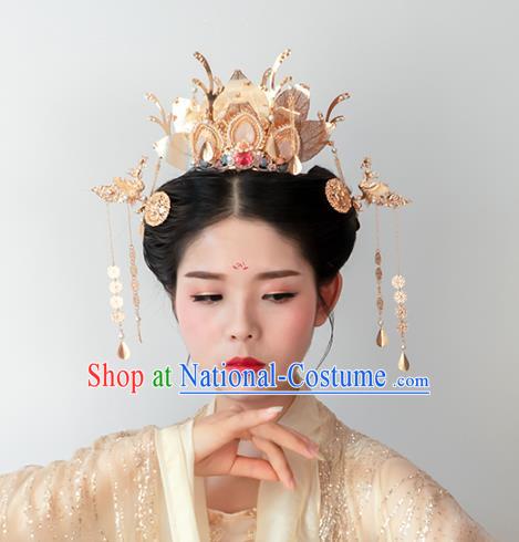 Chinese Classical Palace Golden Lotus Hair Crown Handmade Hanfu Hair Accessories Ancient Song Dynasty Empress Hairpins