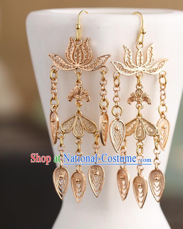 Chinese Handmade Golden Lotus Tassel Earrings Classical Ear Accessories Hanfu Tang Dynasty Empress Eardrop