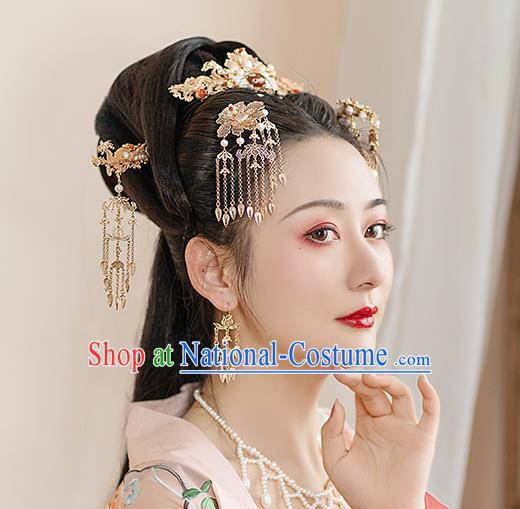 Chinese Classical Palace Golden Dragon Hair Sticks Handmade Hanfu Hair Accessories Ancient Tang Dynasty Princess Tassel Hairpins