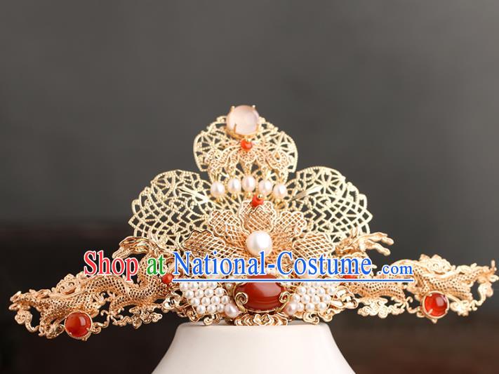 Chinese Classical Palace Golden Hair Crown Handmade Hanfu Hair Accessories Ancient Tang Dynasty Princess Agate Hairpins