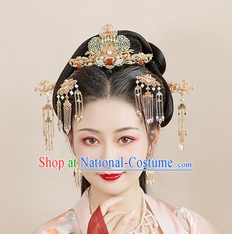 Chinese Classical Palace Golden Hair Crown Handmade Hanfu Hair Accessories Ancient Tang Dynasty Princess Agate Hairpins