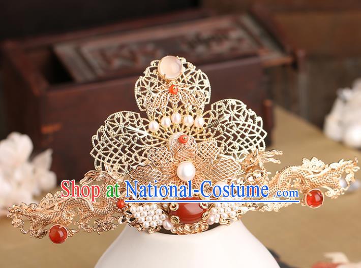 Chinese Classical Palace Golden Hair Crown Handmade Hanfu Hair Accessories Ancient Tang Dynasty Princess Agate Hairpins