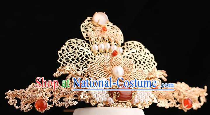 Chinese Classical Palace Golden Hair Crown Handmade Hanfu Hair Accessories Ancient Tang Dynasty Princess Agate Hairpins