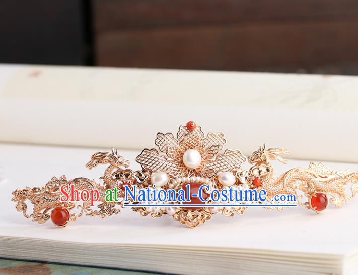 Chinese Classical Palace Golden Dragon Hair Crown Handmade Hanfu Hair Accessories Ancient Tang Dynasty Princess Pearls Hairpins