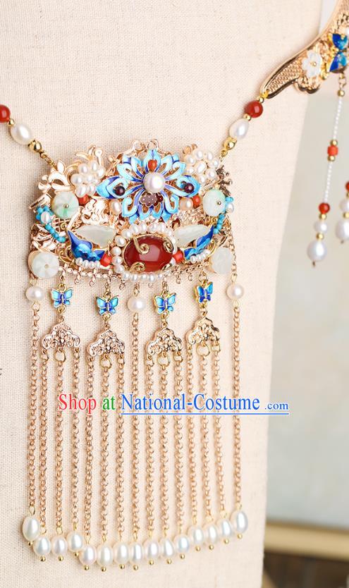 Chinese Handmade Blueing Lotus Necklet Classical Jewelry Accessories Ancient Ming Dynasty Princess Hanfu Agate Necklace for Women