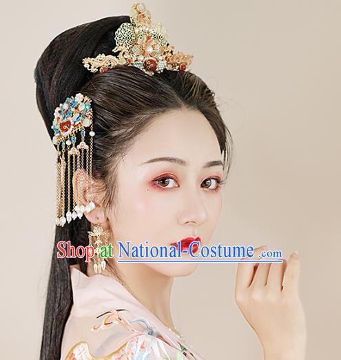 Chinese Classical Palace Blueing Lotus Hair Comb Handmade Hanfu Hair Accessories Ancient Ming Dynasty Princess Jade Pearls Hairpins