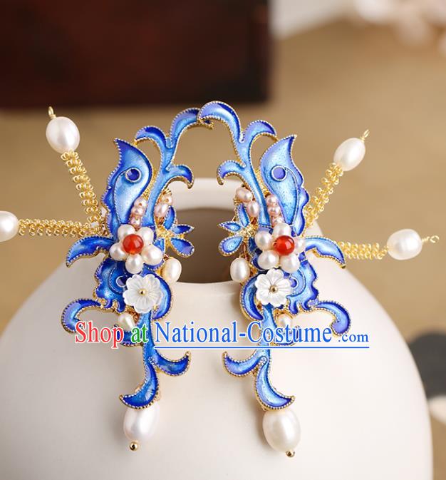 Chinese Classical Palace Blueing Pearls Hair Stick Handmade Hanfu Hair Accessories Ancient Ming Dynasty Princess Hairpins